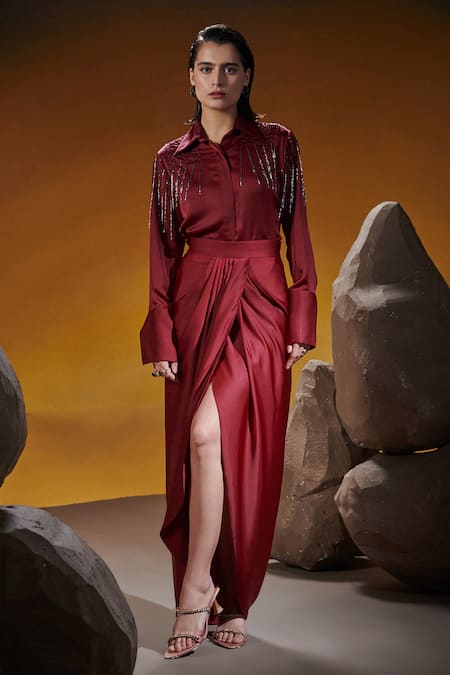 House of Zeniaa Maroon Luxury Satin Embroidered Cutdana Black Pearls Shirt And Dhoti Skirt Set 