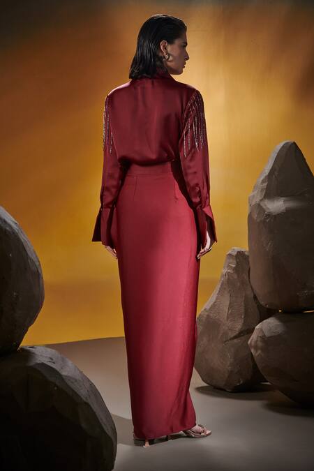 Shop House Of Zeniaa Maroon Silk, Satin Cut Work Collared Black Pearls Shirt And Dhoti Skirt Set at Aza Fashions Shop_House Of Zeniaa_Maroon Silk, Satin Cut Work Collared Black Pearls Shirt And Dhoti Skirt Set_at_Aza_Fashions