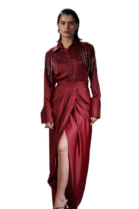 House Of Zeniaa Maroon Silk, Satin Cut Work Collared Black Pearls Shirt And Dhoti Skirt Set Online at Aza Fashions House Of Zeniaa_Maroon Silk, Satin Cut Work Collared Black Pearls Shirt And Dhoti Skirt Set_Online_at_Aza_Fashions