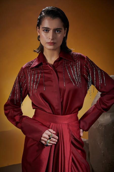 Buy House Of Zeniaa Maroon Silk, Satin Cut Work Collared Black Pearls Shirt And Dhoti Skirt Set Online at Aza Fashions Buy_House Of Zeniaa_Maroon Silk, Satin Cut Work Collared Black Pearls Shirt And Dhoti Skirt Set_Online_at_Aza_Fashions