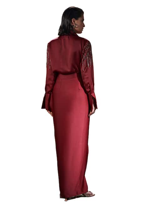 Shop House Of Zeniaa Maroon Silk, Satin Cut Work Collared Black Pearls Shirt And Dhoti Skirt Set Online at Aza Fashions Shop_House Of Zeniaa_Maroon Silk, Satin Cut Work Collared Black Pearls Shirt And Dhoti Skirt Set_Online_at_Aza_Fashions