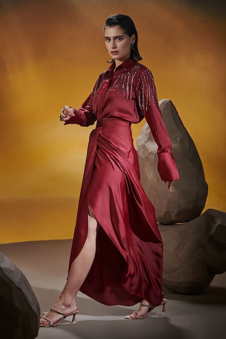 House Of Zeniaa Maroon Silk, Satin Cut Work Collared Black Pearls Shirt And Dhoti Skirt Set at Aza Fashions House Of Zeniaa_Maroon Silk, Satin Cut Work Collared Black Pearls Shirt And Dhoti Skirt Set_at_Aza_Fashions