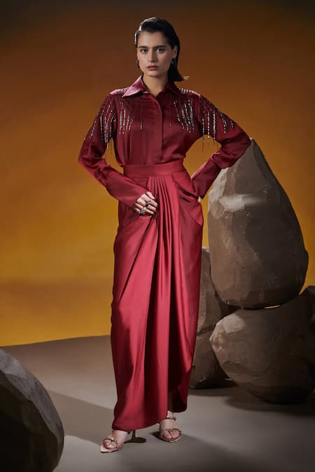 Buy House Of Zeniaa Maroon Silk, Satin Cut Work Collared Black Pearls Shirt And Dhoti Skirt Set Buy_House Of Zeniaa_Maroon Silk, Satin Cut Work Collared Black Pearls Shirt And Dhoti Skirt Set