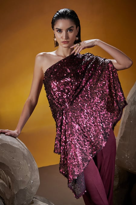 Buy_House Of Zeniaa_Wine Silk, Crepe Sequins One Shoulder Norah Draped Top With Pant_Online_at_Aza_Fashions