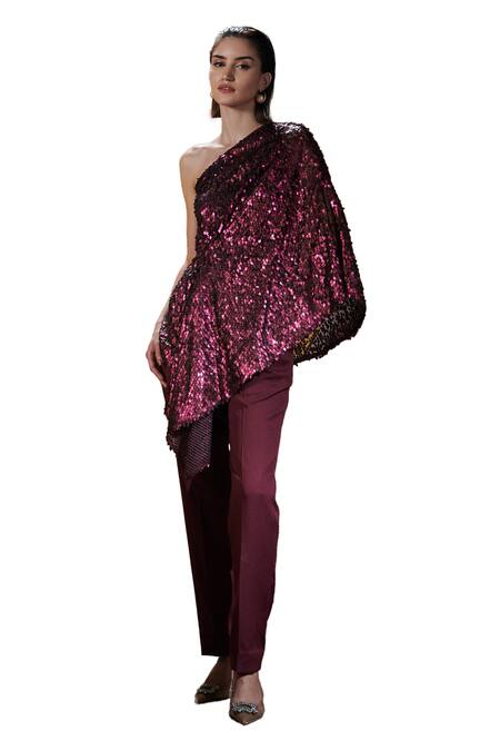 Shop_House Of Zeniaa_Wine Silk, Crepe Sequins One Shoulder Norah Draped Top With Pant_Online_at_Aza_Fashions