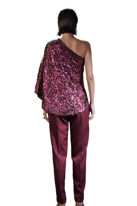 House Of Zeniaa_Wine Silk, Crepe Sequins One Shoulder Norah Draped Top With Pant_at_Aza_Fashions