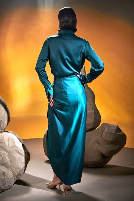 Shop House Of Zeniaa Green Satin, Silk Stones Collared Embroidered Shirt And Dhoti Skirt Set at Aza Fashions Shop_House Of Zeniaa_Green Satin, Silk Stones Collared Embroidered Shirt And Dhoti Skirt Set_at_Aza_Fashions