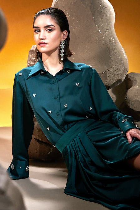Buy House Of Zeniaa Green Satin, Silk Stones Collared Embroidered Shirt And Dhoti Skirt Set Online at Aza Fashions Buy_House Of Zeniaa_Green Satin, Silk Stones Collared Embroidered Shirt And Dhoti Skirt Set_Online_at_Aza_Fashions