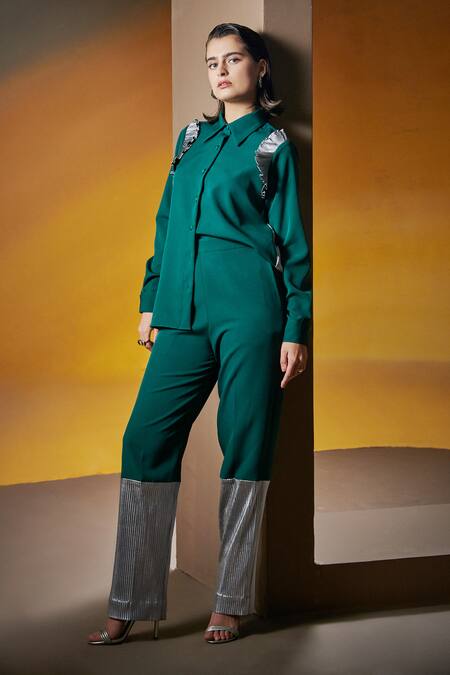 House Of Zeniaa_Green Luxury Crepe Collared Vanessa Top And Pant Set _Online_at_Aza_Fashions