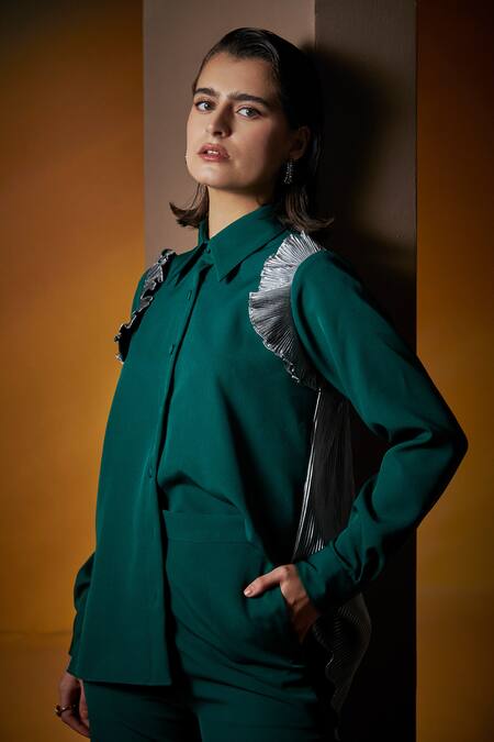 Shop_House Of Zeniaa_Green Luxury Crepe Collared Vanessa Top And Pant Set _Online_at_Aza_Fashions