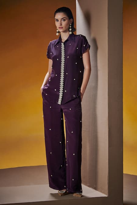 House of Zeniaa Purple Crepe Silk Embroidered Crystals Collared Make It Glam Shirt With Pant 