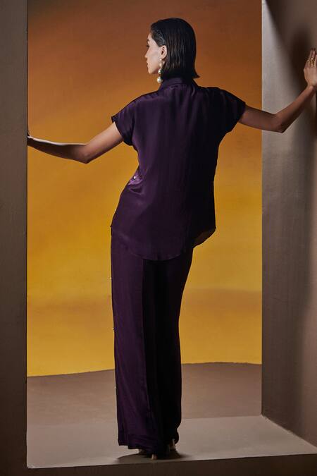 Shop House Of Zeniaa Purple Silk, Crepe Pearls, Crystals Collared Make It Glam Shirt With Pant at Aza Fashions Shop_House Of Zeniaa_Purple Silk, Crepe Pearls, Crystals Collared Make It Glam Shirt With Pant_at_Aza_Fashions