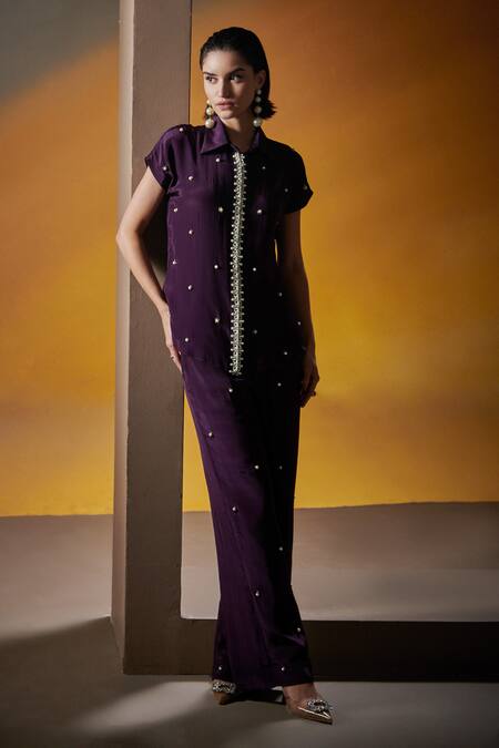 Shop House Of Zeniaa Purple Silk, Crepe Pearls, Crystals Collared Make It Glam Shirt With Pant Online at Aza Fashions Shop_House Of Zeniaa_Purple Silk, Crepe Pearls, Crystals Collared Make It Glam Shirt With Pant_Online_at_Aza_Fashions