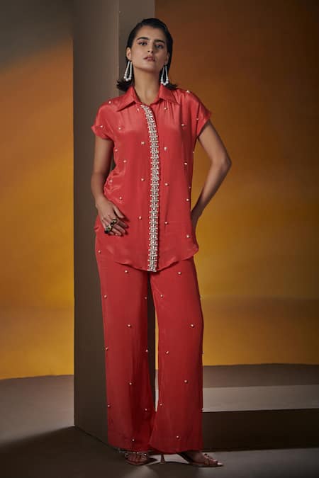 House of Zeniaa Coral Crepe Silk Embroidered Crystals Collared Make It Glam Shirt And Pant Set 