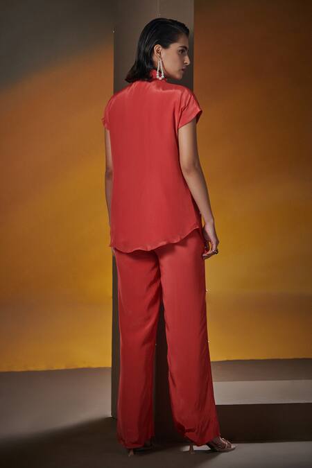Shop House Of Zeniaa Coral Crepe, Silk Pearls, Crystals Collared Make It Glam Shirt And Pant Set at Aza Fashions Shop_House Of Zeniaa_Coral Crepe, Silk Pearls, Crystals Collared Make It Glam Shirt And Pant Set_at_Aza_Fashions