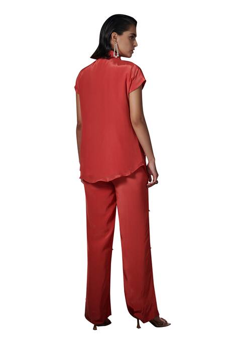 House Of Zeniaa Coral Crepe, Silk Pearls, Crystals Collared Make It Glam Shirt And Pant Set Online at Aza Fashions House Of Zeniaa_Coral Crepe, Silk Pearls, Crystals Collared Make It Glam Shirt And Pant Set_Online_at_Aza_Fashions