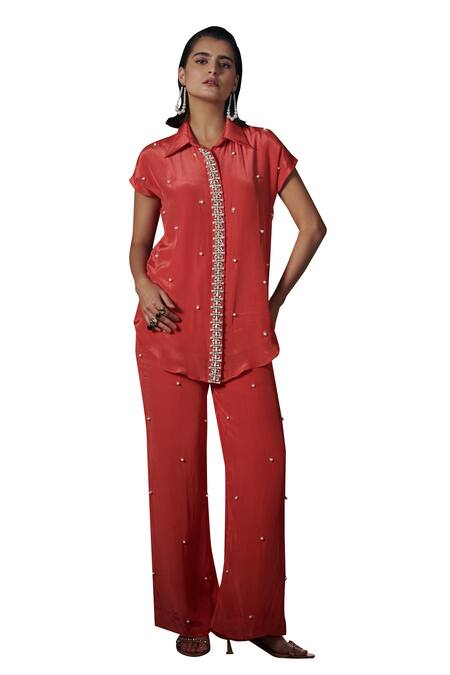 Buy House Of Zeniaa Coral Crepe, Silk Pearls, Crystals Collared Make It Glam Shirt And Pant Set Online at Aza Fashions Buy_House Of Zeniaa_Coral Crepe, Silk Pearls, Crystals Collared Make It Glam Shirt And Pant Set_Online_at_Aza_Fashions