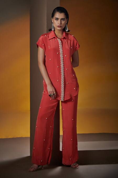 Shop House Of Zeniaa Coral Crepe, Silk Pearls, Crystals Collared Make It Glam Shirt And Pant Set Online at Aza Fashions Shop_House Of Zeniaa_Coral Crepe, Silk Pearls, Crystals Collared Make It Glam Shirt And Pant Set_Online_at_Aza_Fashions