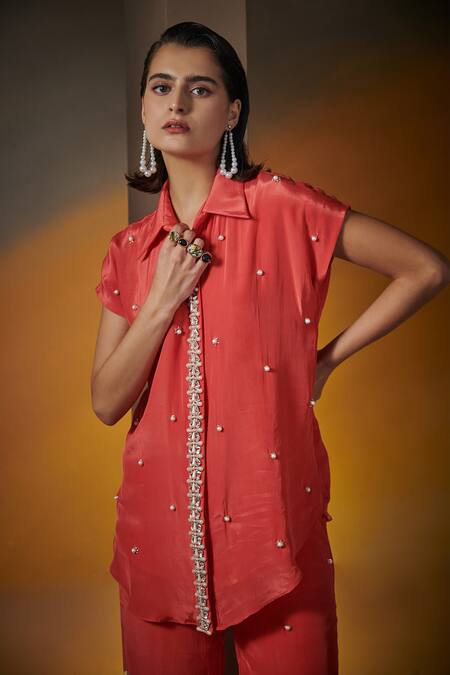 House Of Zeniaa Coral Crepe, Silk Pearls, Crystals Collared Make It Glam Shirt And Pant Set at Aza Fashions House Of Zeniaa_Coral Crepe, Silk Pearls, Crystals Collared Make It Glam Shirt And Pant Set_at_Aza_Fashions