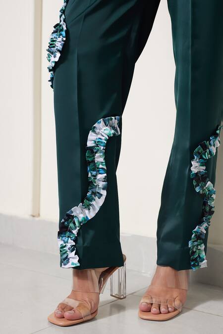 House Of Zeniaa_Green Satin Embroidery, Patchwork Rick Rack Printed Shirt And Pant Co-ord Set_Online_at_Aza_Fashions