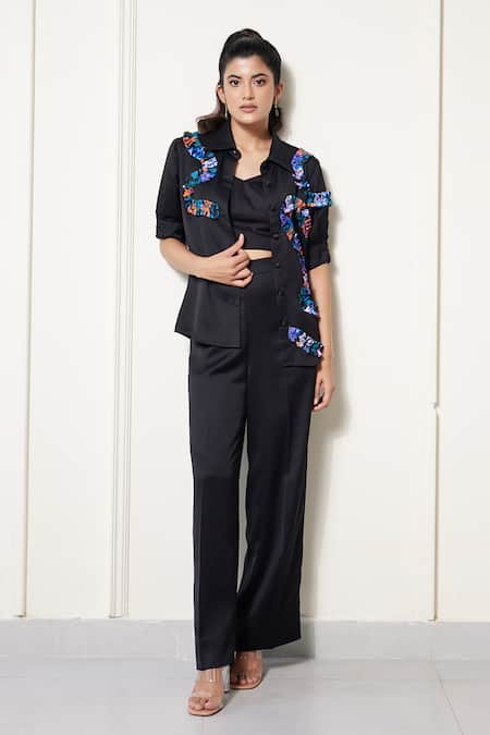 House of Zeniaa Black Luxury Satin Printed Floral Collar Rick Rack Shirt And Pant Co-ord Set 