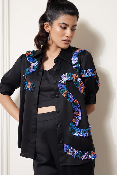 House Of Zeniaa_Black Silk, Satin Patchwork Collared Rick Rack Printed Shirt And Pant Co-ord Set_Online_at_Aza_Fashions