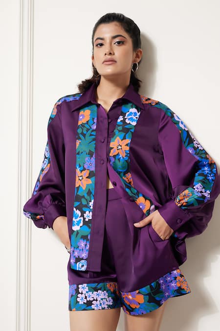 House Of Zeniaa_Purple Silk, Satin Collared Amor Bloom Panel Printed Shirt And Shorts Co-ord Set_Online_at_Aza_Fashions