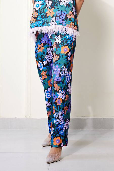 Buy_House Of Zeniaa_Multi Color Silk, Satin Round Soft Breeze Floral Print Top And Pant Co-ord Set_Online_at_Aza_Fashions