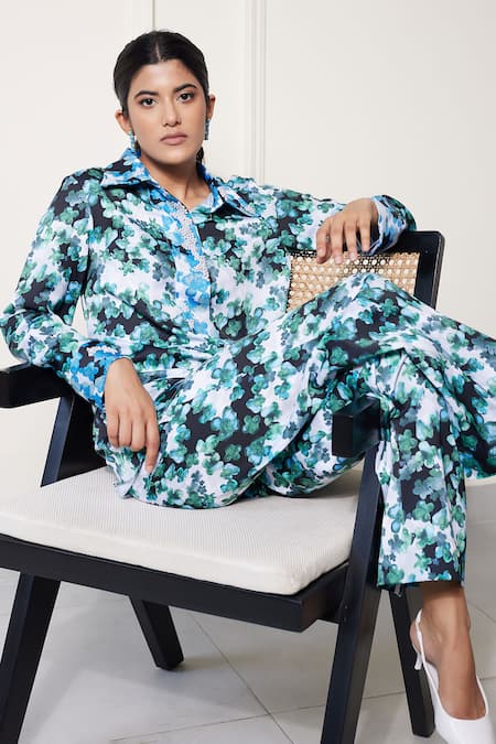 Shop House Of Zeniaa Green Satin Embroidery, Stones Miss Daizy Floral Print Shirt And Pant Co-ord Set at Aza Fashions Shop_House Of Zeniaa_Green Satin Embroidery, Stones Miss Daizy Floral Print Shirt And Pant Co-ord Set_at_Aza_Fashions