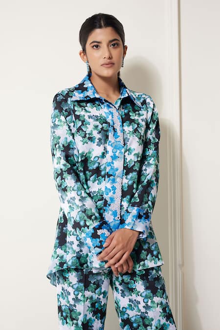 House Of Zeniaa Green Satin Embroidery, Stones Miss Daizy Floral Print Shirt And Pant Co-ord Set Online at Aza Fashions House Of Zeniaa_Green Satin Embroidery, Stones Miss Daizy Floral Print Shirt And Pant Co-ord Set_Online_at_Aza_Fashions