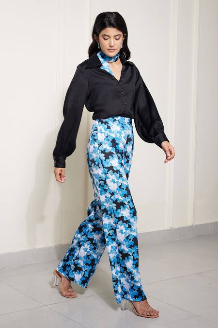 Shop House Of Zeniaa Black Satin, Silk Embroidery Collared Dahlia Shirt And Printed Pant Set at Aza Fashions Shop_House Of Zeniaa_Black Satin, Silk Embroidery Collared Dahlia Shirt And Printed Pant Set_at_Aza_Fashions