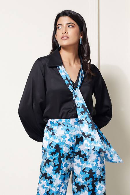 Buy House Of Zeniaa Black Satin, Silk Embroidery Collared Dahlia Shirt And Printed Pant Set Online at Aza Fashions Buy_House Of Zeniaa_Black Satin, Silk Embroidery Collared Dahlia Shirt And Printed Pant Set_Online_at_Aza_Fashions