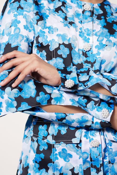 House Of Zeniaa_Blue Satin Stones Round Neck Floral Print Shirt And Pant Co-ord Set_Online_at_Aza_Fashions