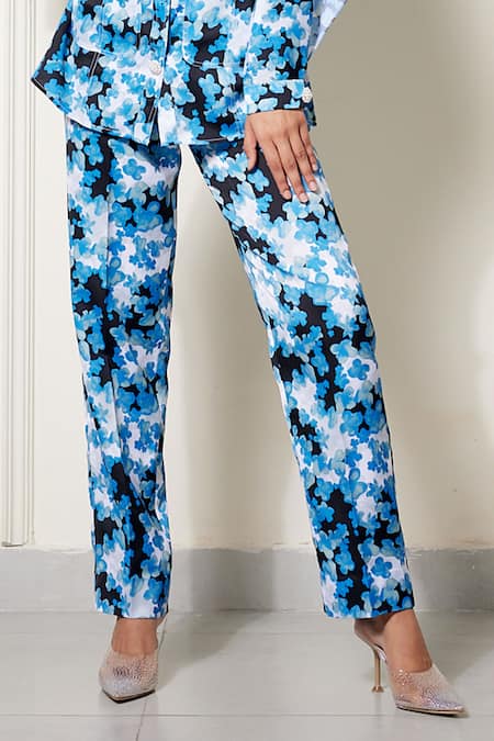 Buy_House Of Zeniaa_Blue Satin Stones Round Neck Floral Print Shirt And Pant Co-ord Set_Online_at_Aza_Fashions