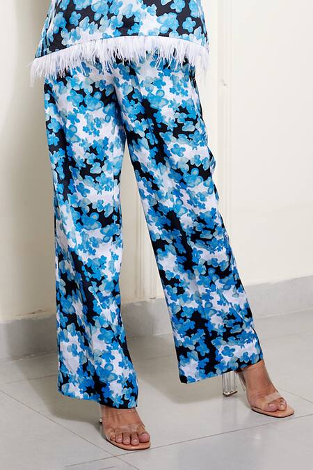 House Of Zeniaa_Blue Silk , Feathers Soft Breeze Floral Pattern Top And Pant Co-ord Set_Online_at_Aza_Fashions