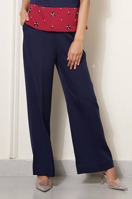 House Of Zeniaa Blue Crepe Beads, Stones Round Neck Fiona Panel Embroidered Top And Pant Set Online at Aza Fashions House Of Zeniaa_Blue Crepe Beads, Stones Round Neck Fiona Panel Embroidered Top And Pant Set_Online_at_Aza_Fashions