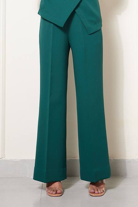 Buy_House Of Zeniaa_Green Crepe Beads, Stones One Shoulder Shamrock Top And Pant Set_Online_at_Aza_Fashions