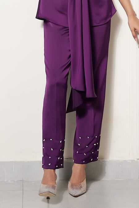 Buy_House Of Zeniaa_Purple Satin Stones V-neck Sparkling Sleeveless Top And Pant Set_Online_at_Aza_Fashions