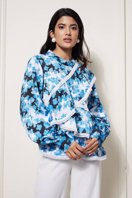 House Of Zeniaa Blue Silk, Satin Lace Round Neck Camilla Floral Print Top And Pant Set Online at Aza Fashions House Of Zeniaa_Blue Silk, Satin Lace Round Neck Camilla Floral Print Top And Pant Set_Online_at_Aza_Fashions