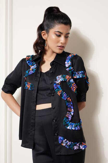 Buy_House Of Zeniaa_Black Silk Patchwork Collared Rick Rack Printed Shirt_Online_at_Aza_Fashions