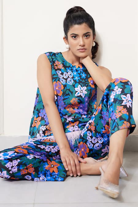House Of Zeniaa_Multi Color Satin Round Neck Soft Breeze Floral Print Top_Online_at_Aza_Fashions