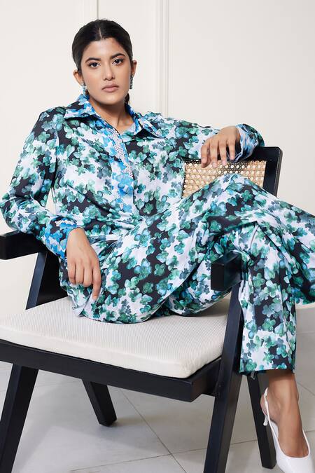 House Of Zeniaa Green Satin Embroidery, Stones Collared Miss Daizy Floral Print Shirt Online at Aza Fashions House Of Zeniaa_Green Satin Embroidery, Stones Collared Miss Daizy Floral Print Shirt_Online_at_Aza_Fashions