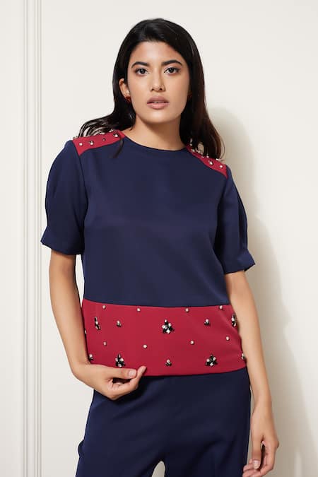 House of Zeniaa Blue Luxury Crepe Embroidered Beads Round Fiona Panel Top 