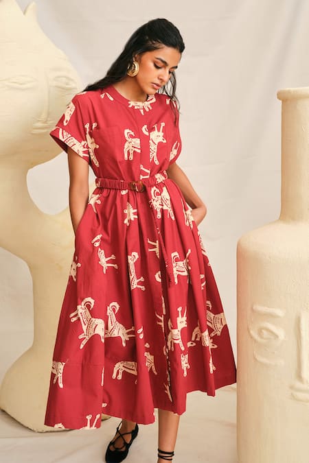 Jodi_Red Poplin Bandeau Neck Gond Day Printed Dress_Online_at_Aza_Fashions