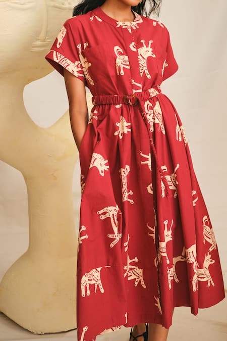 Buy_Jodi_Red Poplin Bandeau Neck Gond Day Printed Dress_Online_at_Aza_Fashions