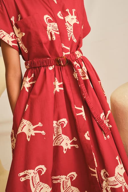 Shop_Jodi_Red Poplin Bandeau Neck Gond Day Printed Dress_Online_at_Aza_Fashions