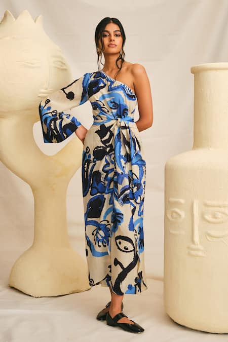 Shop Jodi Blue Modal Asymmetric Tulika One Shoulder Printed Dress at Aza Fashions Shop_Jodi_Blue Modal Asymmetric Tulika One Shoulder Printed Dress _at_Aza_Fashions