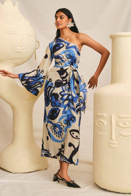 Buy Jodi Blue Modal Asymmetric Tulika One Shoulder Printed Dress Online at Aza Fashions Buy_Jodi_Blue Modal Asymmetric Tulika One Shoulder Printed Dress _Online_at_Aza_Fashions