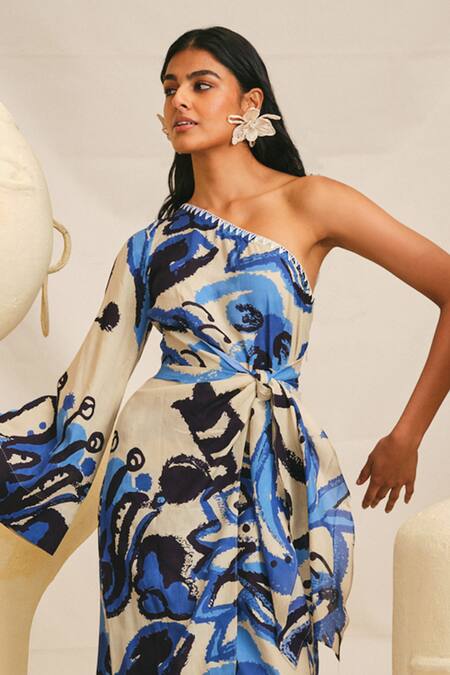 Shop Jodi Blue Modal Asymmetric Tulika One Shoulder Printed Dress Online at Aza Fashions Shop_Jodi_Blue Modal Asymmetric Tulika One Shoulder Printed Dress _Online_at_Aza_Fashions