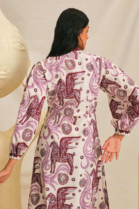 Shop Jodi Pink Handloom Cotton Embroidery Mandarin Cheriyal Floral Handblock Print Dress at Aza Fashions Shop_Jodi_Pink Handloom Cotton Embroidery Mandarin Cheriyal Floral Handblock Print Dress _at_Aza_Fashions